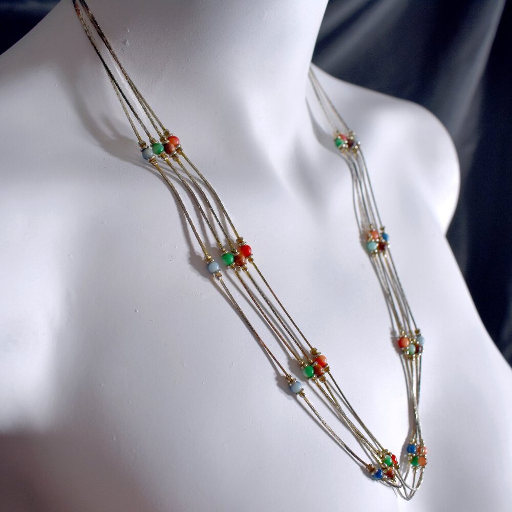Vintage 70's 4 strand stacked silver necklace with colorful glass beads